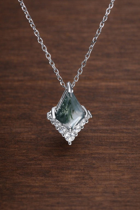 925 Sterling Silver Green Agate Rhombus Pendant Necklace, Elegant Minimalist Jewelry