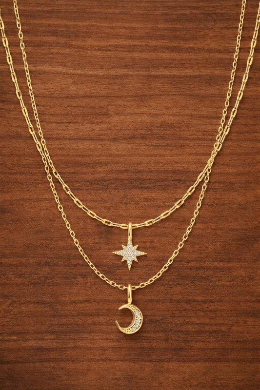 925 Sterling Silver Double Layer Star Moon Pendant Necklace, Celestial Elegant Jewelry