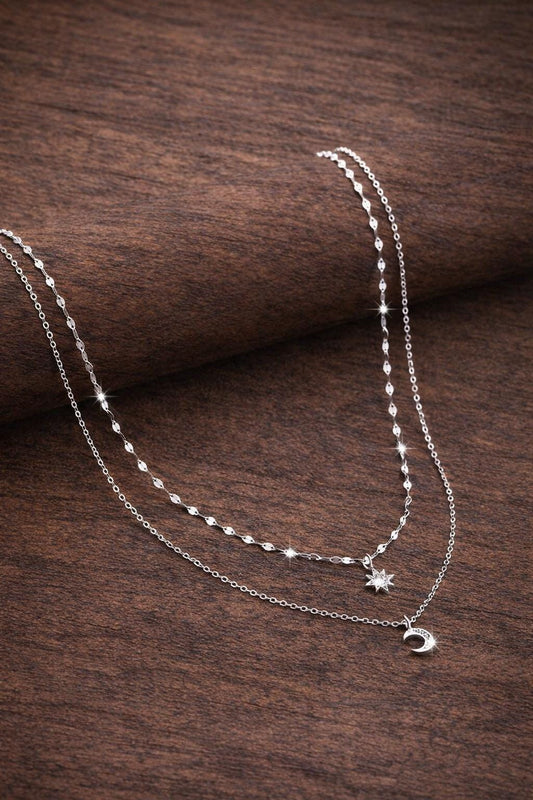 925 Sterling Silver Double Layer Star Moon Pendant Necklace, Celestial Elegant Jewelry