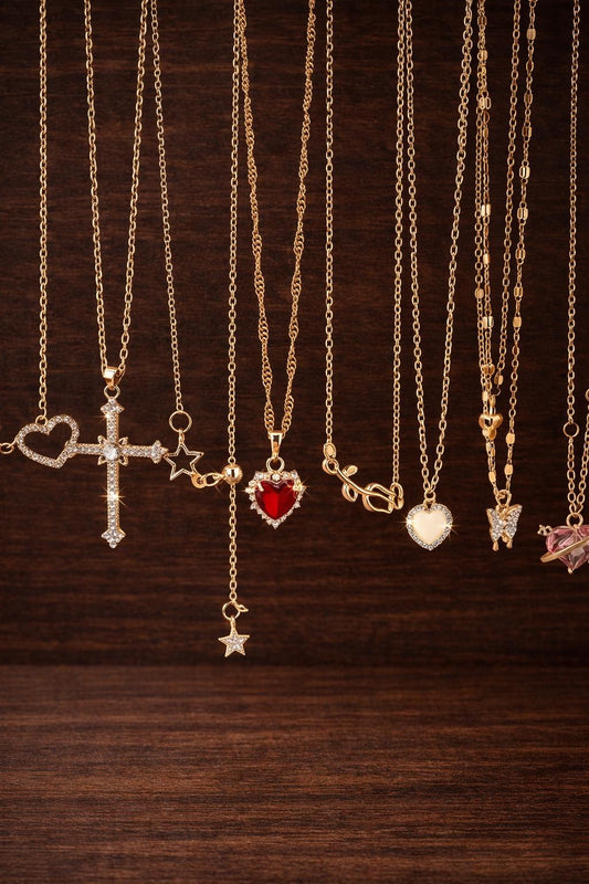 8-Piece Y2K Layered Necklace Set – Crystal Heart, Cross, Butterfly, Star Pendants